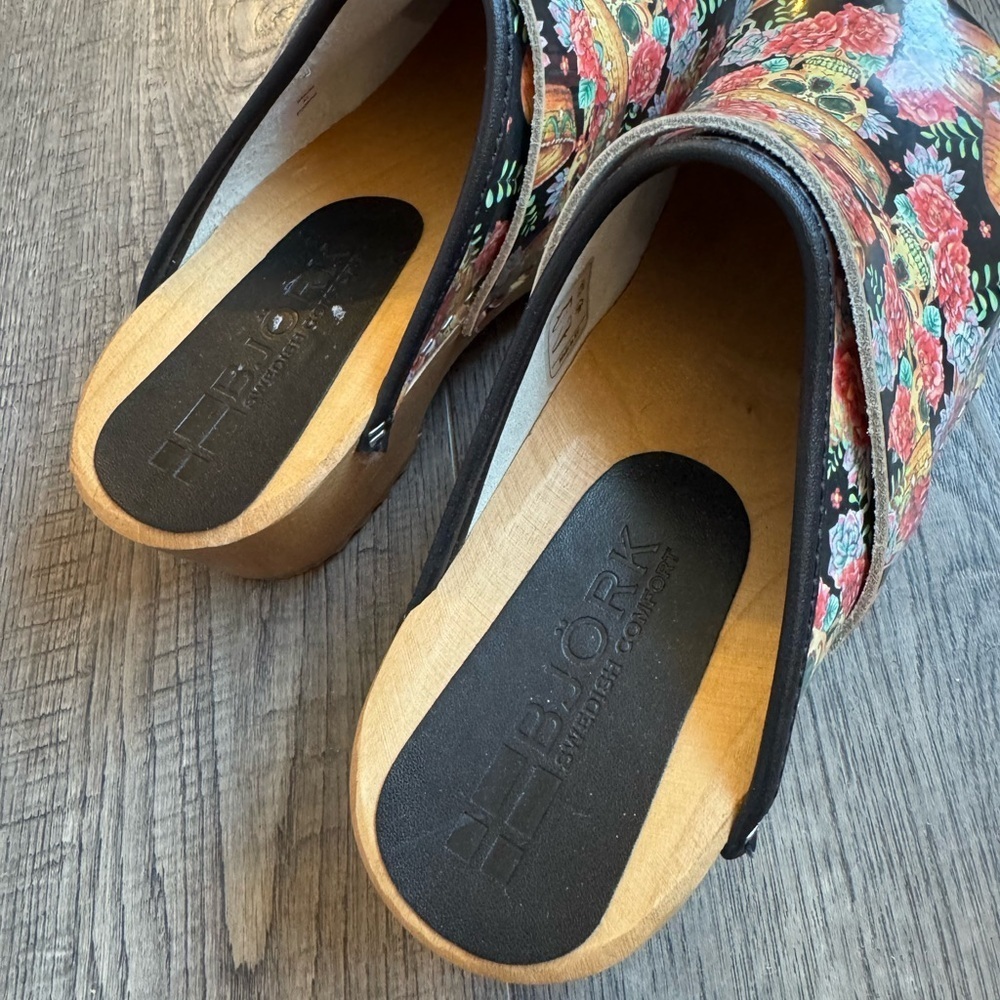 Björk Swedish Vera Wood Open Back Leather Clogs- Multi- Size EU 36 - Picture 7 of 8